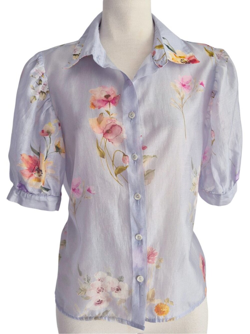 Lucky & Coco Lightweight Puff Sleeve Loose fit Floral Semi Sheer Blouse S - Picture 2 of 15